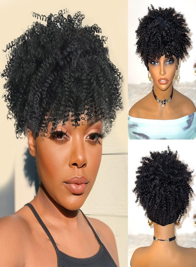 DEYNGS Headband Wig Afro Kinky Headband Wig with Bangs for Women Black Head Wrap 2 in 1 for Women Curly Full Scarf Wigs Synthetic Short Afro Kinky Afro High Puff Wig - Image 1